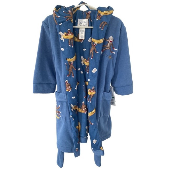Nick & Nora Toddler Sock Monkey Banana Fleece Hooded Robe Blue Brown Size 18 M - Picture 1 of 8